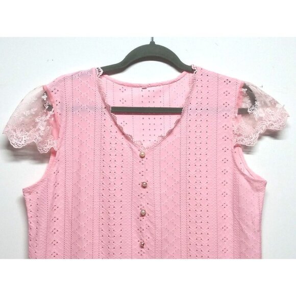 Womens top blouse 1X/2X/3X Pink EYELET KNIT romantic STRETCH lace CAP sleeve - Picture 4 of 12